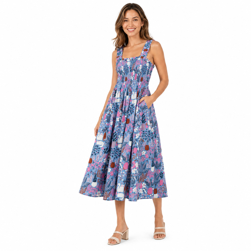 Kate Spade Womens Dress Small Blue Cat Print Midi Sundress Cottagecore Coastal